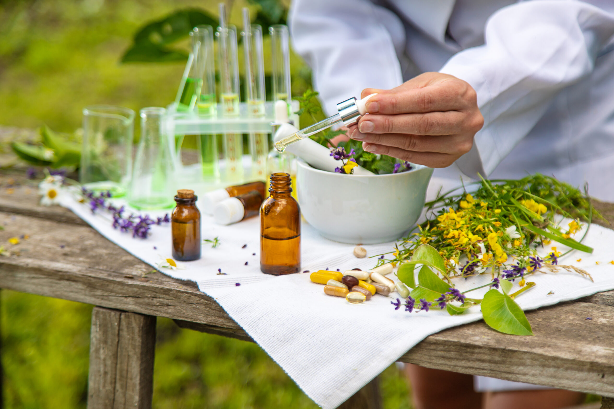 medicinal herbs homeopathy and alternative medicine. selective focus.